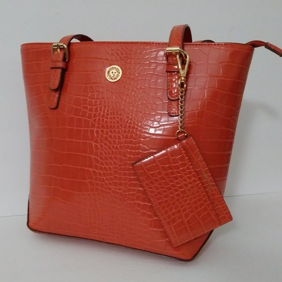 Anne Klein Orange Crocodile Embossed Tote Bag - Picture 3 of 16